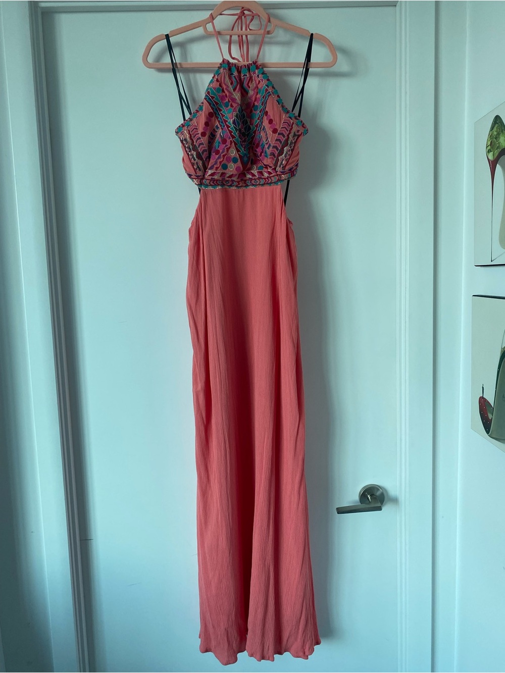 Lulu's l Coral Maxi Dress with Multicolor Embroidered Halter Bodice